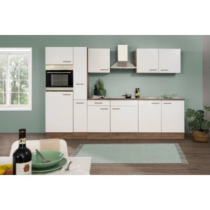 Respekta Küchenzeile KB300EYW, 300 cm, Weiß Seidenglanz mit Eiche York Dekor, inklusive E-Geräte.