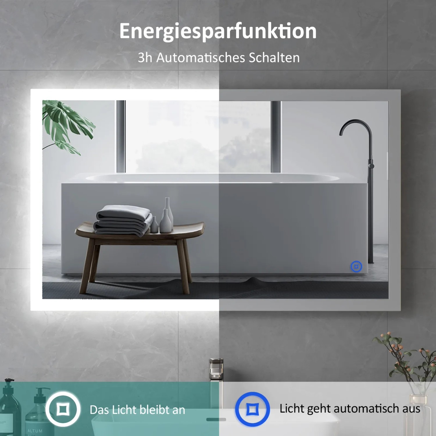 Emke LED Badspiegel 80x60 cm mit Beschlagfrei-Funktion im Badezimmer.