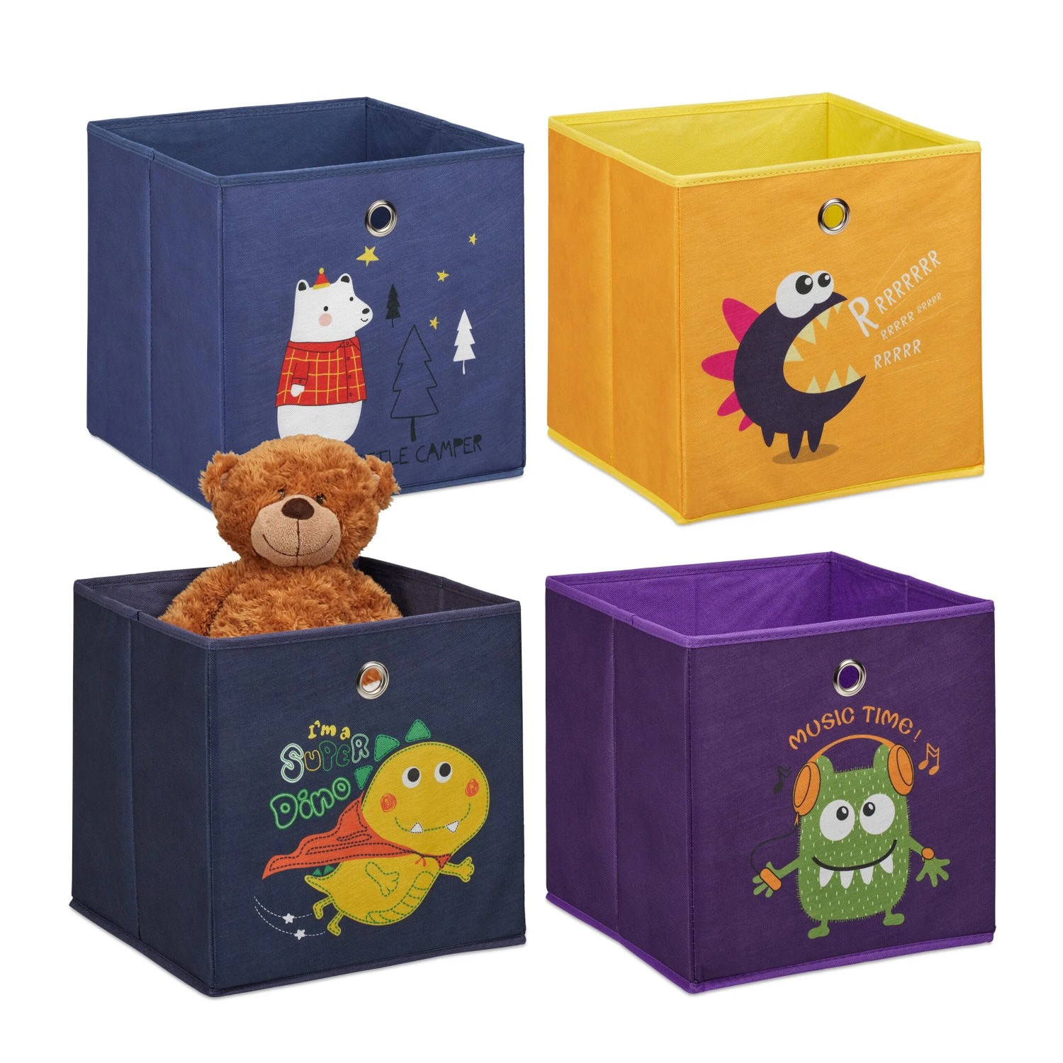 Relaxdays Aufbewahrungsboxen 4er Set Vlies Pappe Stahl Bunt Faltbar 30 cm x 30 cm x 30 cm