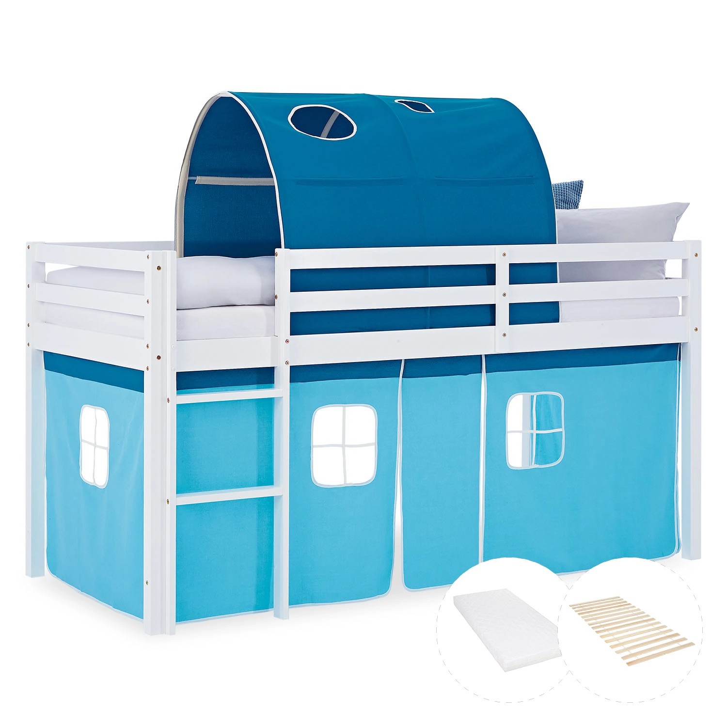 Homestyle4u Kinder Hochbett 90x200 mit Matratze Tunnel Vorhang Blau Kinderbett 2997