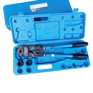 Kirchhoff Handpresszange mit Einsätzen (16-26 mm) für Mehrschichtverbundrohre im blauen Koffer.