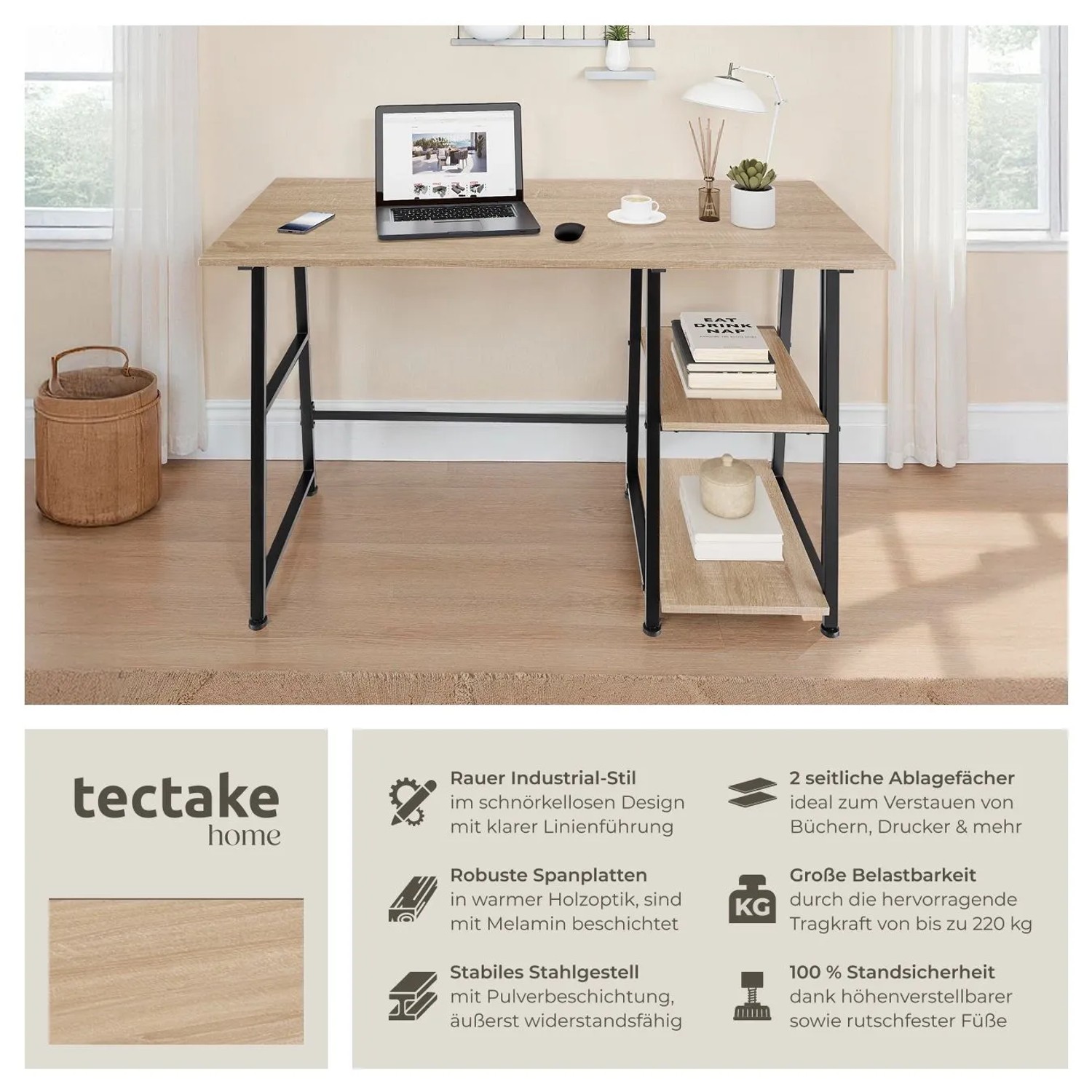 Tectake Schreibtisch Paisley im Industrial Style mit Holz- und Stahl-Elementen in Eiche Sonoma.