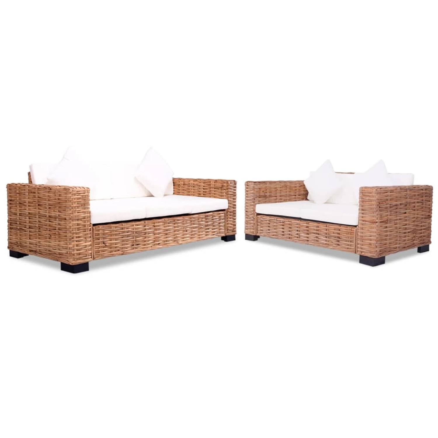 vidaXL Sofa-Set, 15-teilig, Natur-Rattan, mit cremeweißen Polstern und Kissen.