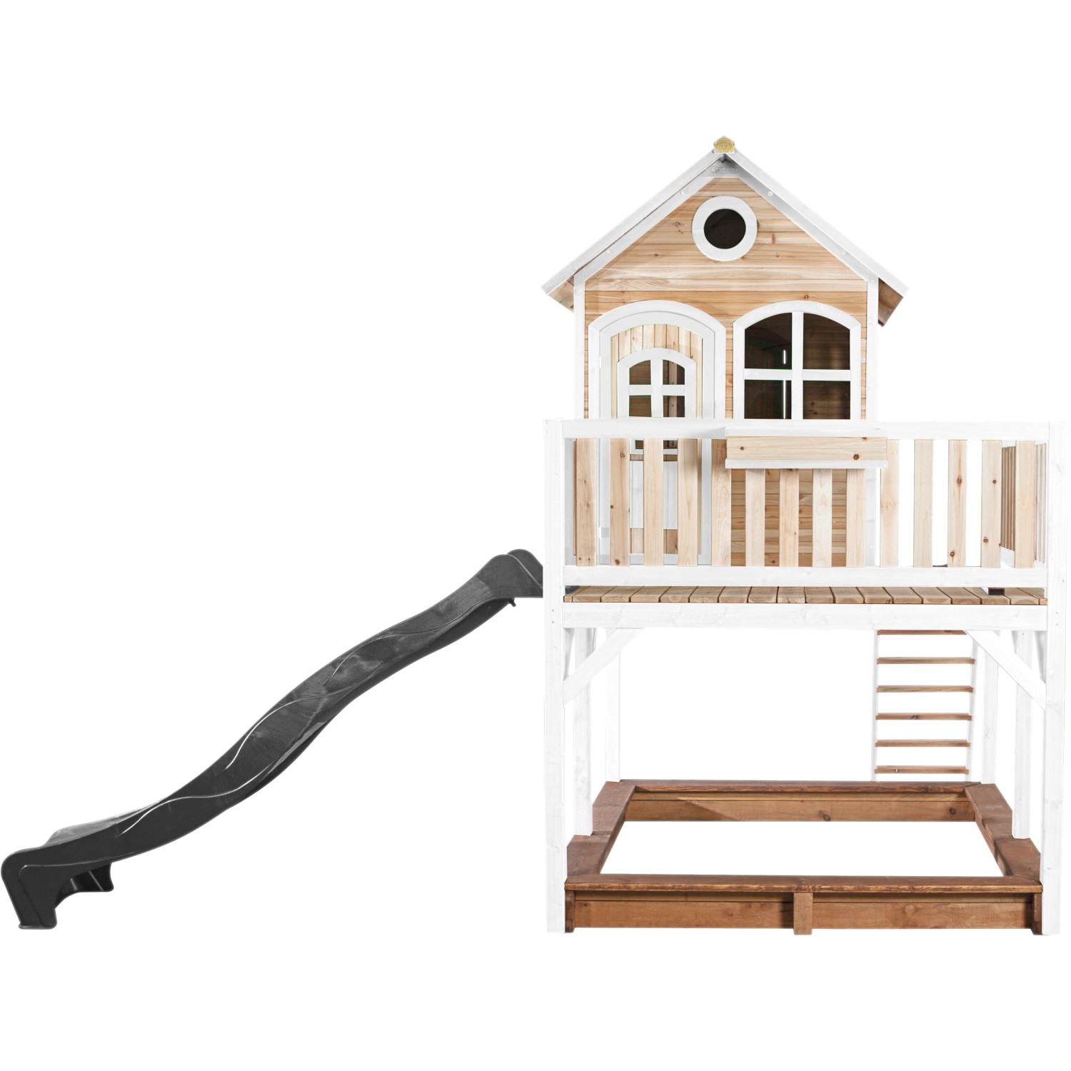 Axi Liam Spielhaus mit Rutsche und Sandkasten, braun-weiß, 255x377x291 cm.