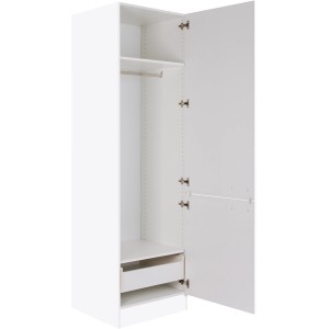Optifit Hochschrank Salo214, 60 cm breit, weiß, mit offener Tür, Garderobenstange und Schubladen.