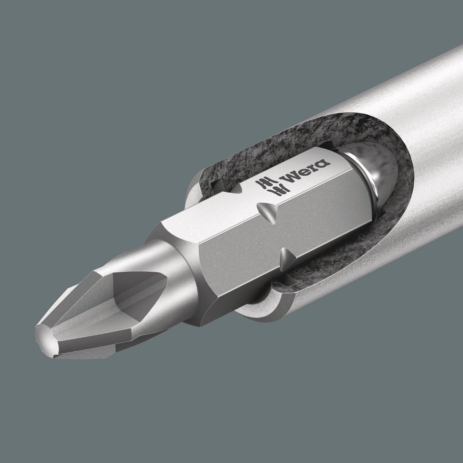 Detailaufnahme: Wera Bit-Handhalter mit Bit aus dem 6-teiligen Kraftform Kompakt Set.