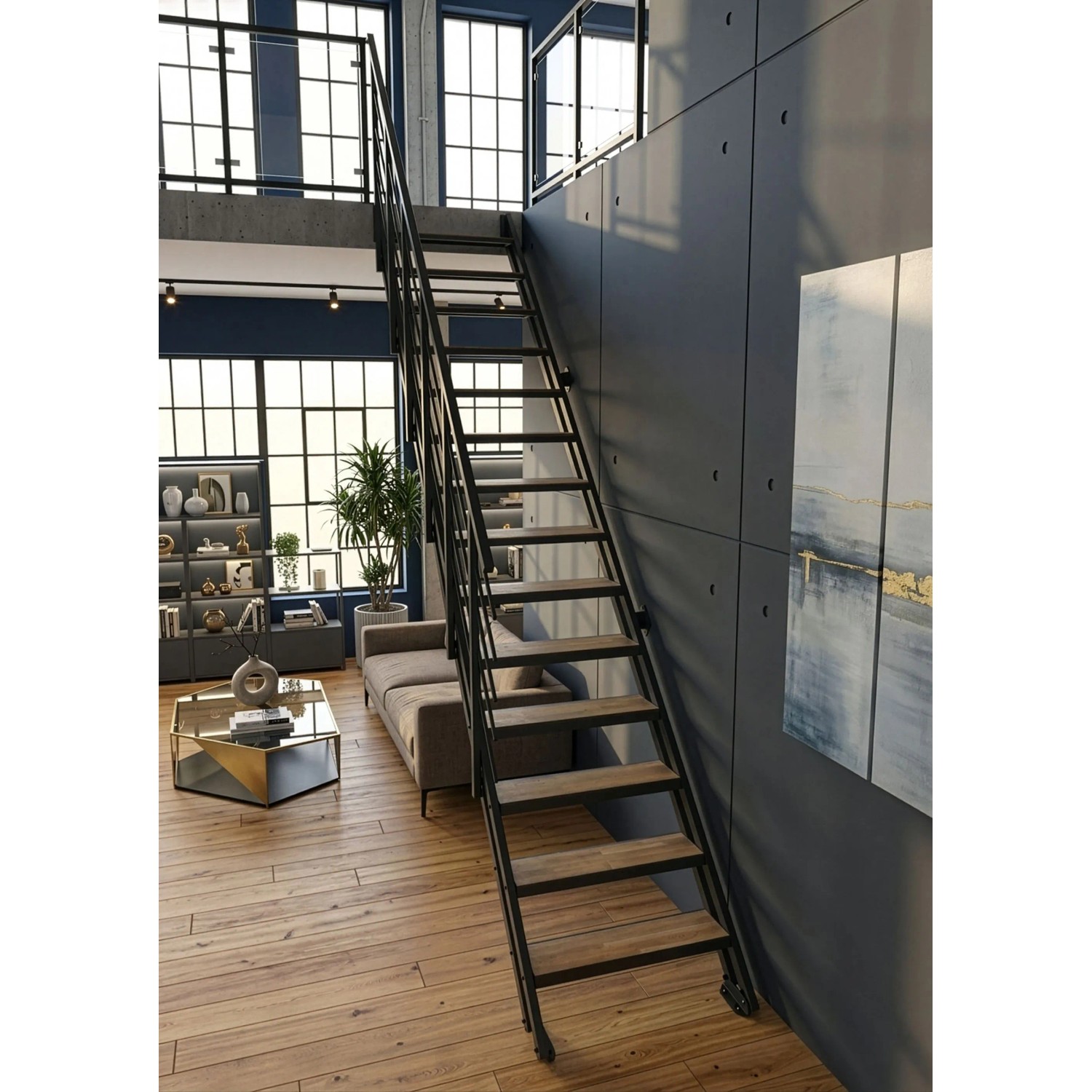 Minka Raumspartreppe Flex Hybrid: Schwarze Metalltreppe mit Eiche-Stufen im modernen Innenbereich. Ideal für Galerien.