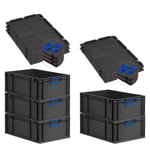 PROREGAL SparSet 5x Eurobox Nextgen Color Mit Auflagedeckel HxBxT 22x40x60cm 44 Liter Schwarz Griffe Blau Geschlossen Eurobehälter Transportbox