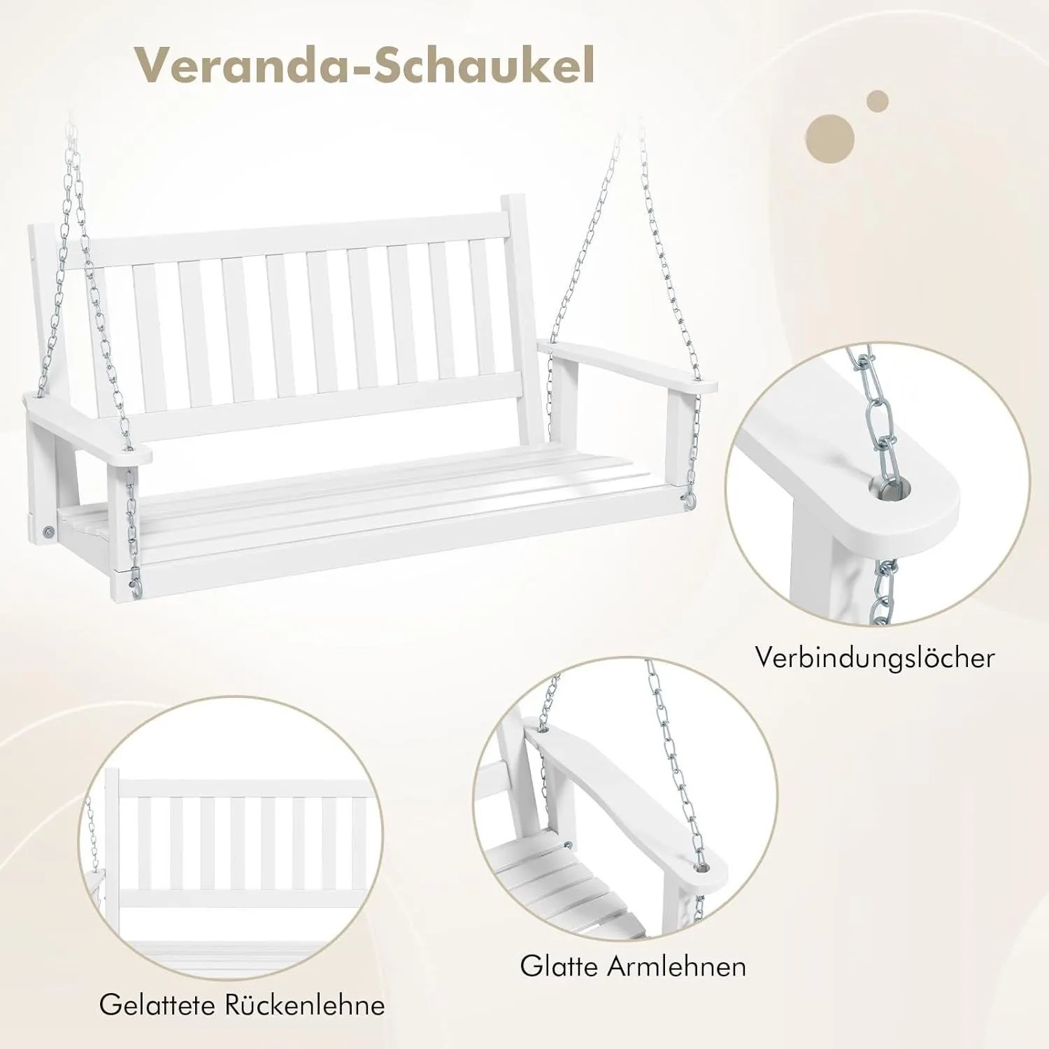 Costway Hängebank Aus Massivholz 3-Sitzer Gartenschaukel Zum Aufhängen Weiß_6