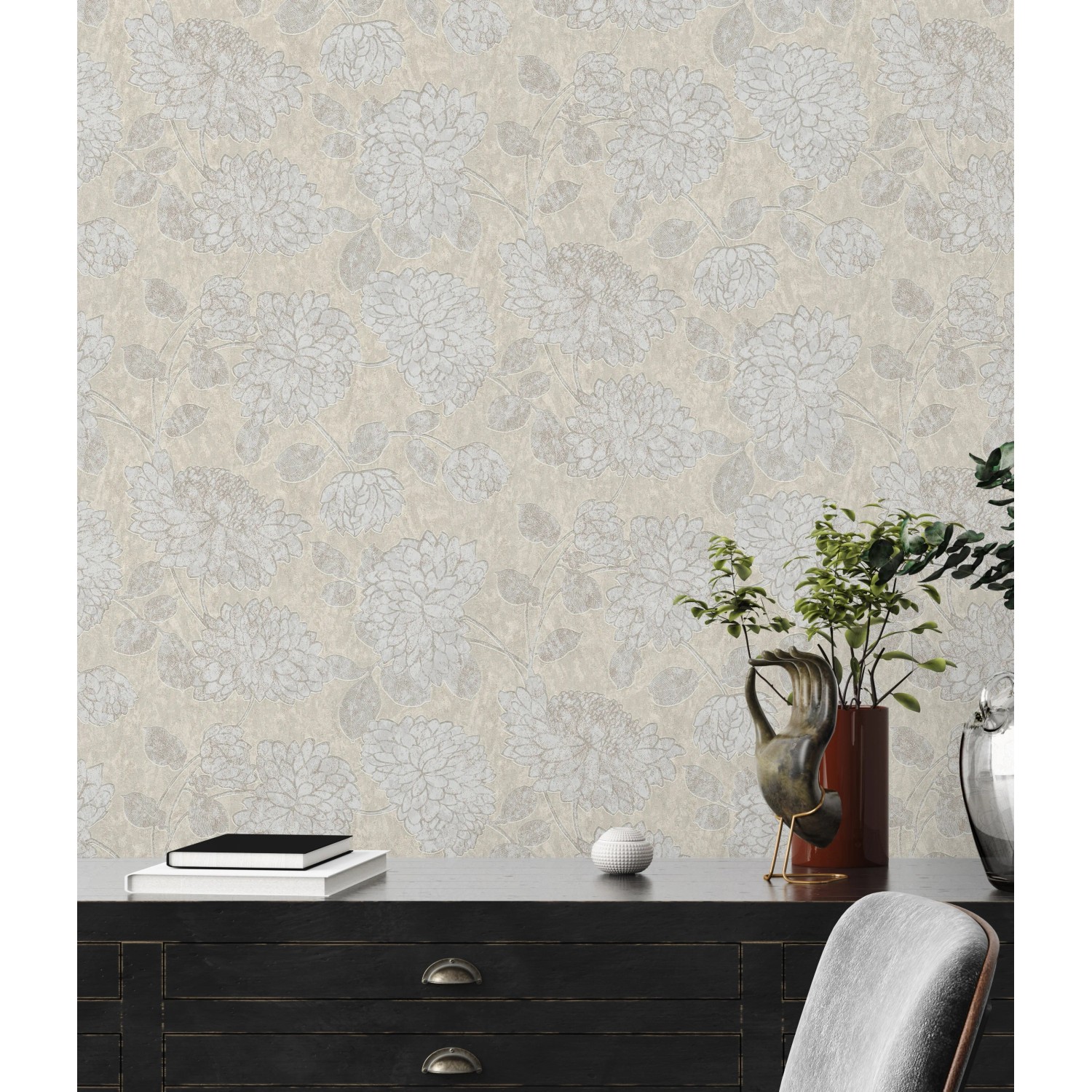 A.S. Création Vliestapete mit Blumenmuster in Beige und Weiß für eine stilvolle Wandgestaltung.