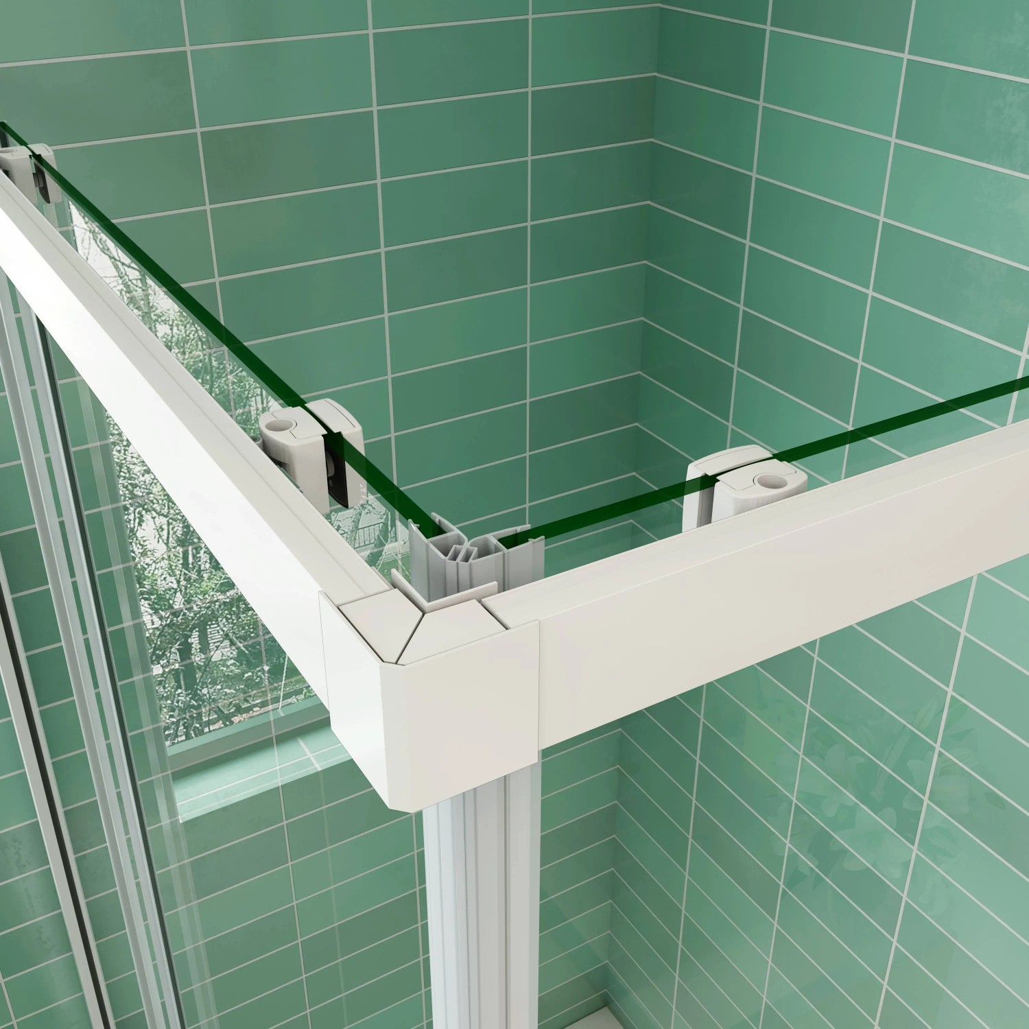 Detailaufnahme Duschkabine Eckeinstieg mit ESG Glas und weißem Rahmen.