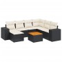 Schwarze 8-tlg. vidaXL Garten-Sofagarnitur aus Rattan mit cremefarbenen Kissen und Akazientisch.