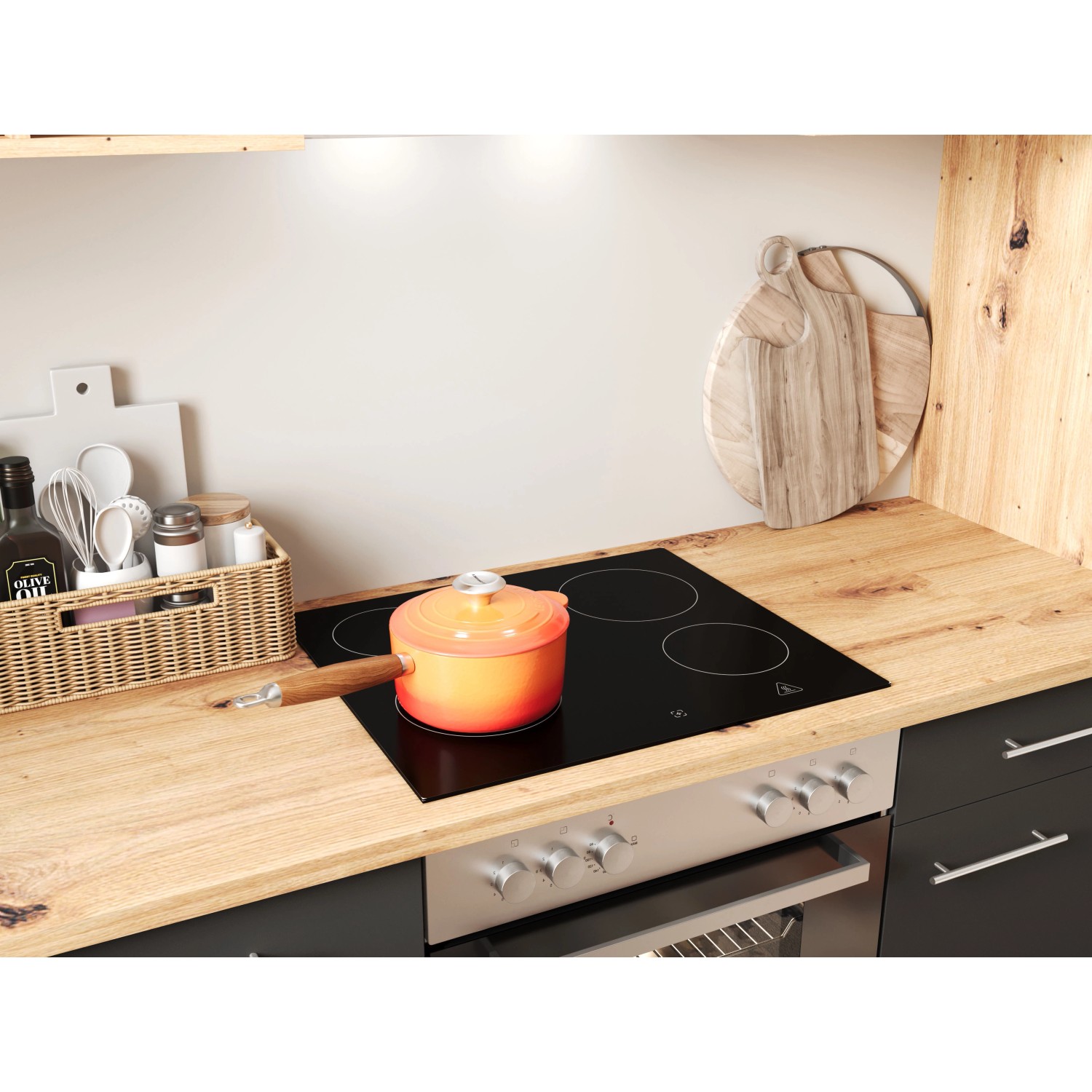 Respekta Winkelküche Hilde in Grau mit Kochfeld und orangefarbenem Topf.