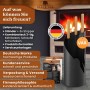 Schlankes, schwarzes BLACK OAK Kaminbesteck VAIL, 4-teilig mit Ständer vor Kaminofen.