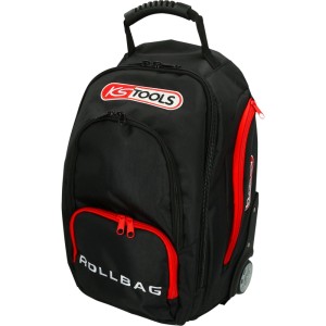 Schwarzer KS TOOLS SMARTBACKPACK Rucksack Teleskop Trolley mit roten Akzenten und Rollen für Werkzeug-Sets.