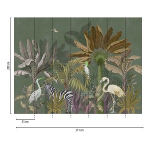Dunkelgrüne Dschungel Tapete mit Flamingo, Kakadu, Zebra und Kranich. Regenwald Fototapete für Wohnzimmer.