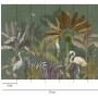 Dunkelgrüne Dschungel Tapete mit Flamingo, Kakadu, Zebra und Kranich. Regenwald Fototapete für Wohnzimmer.
