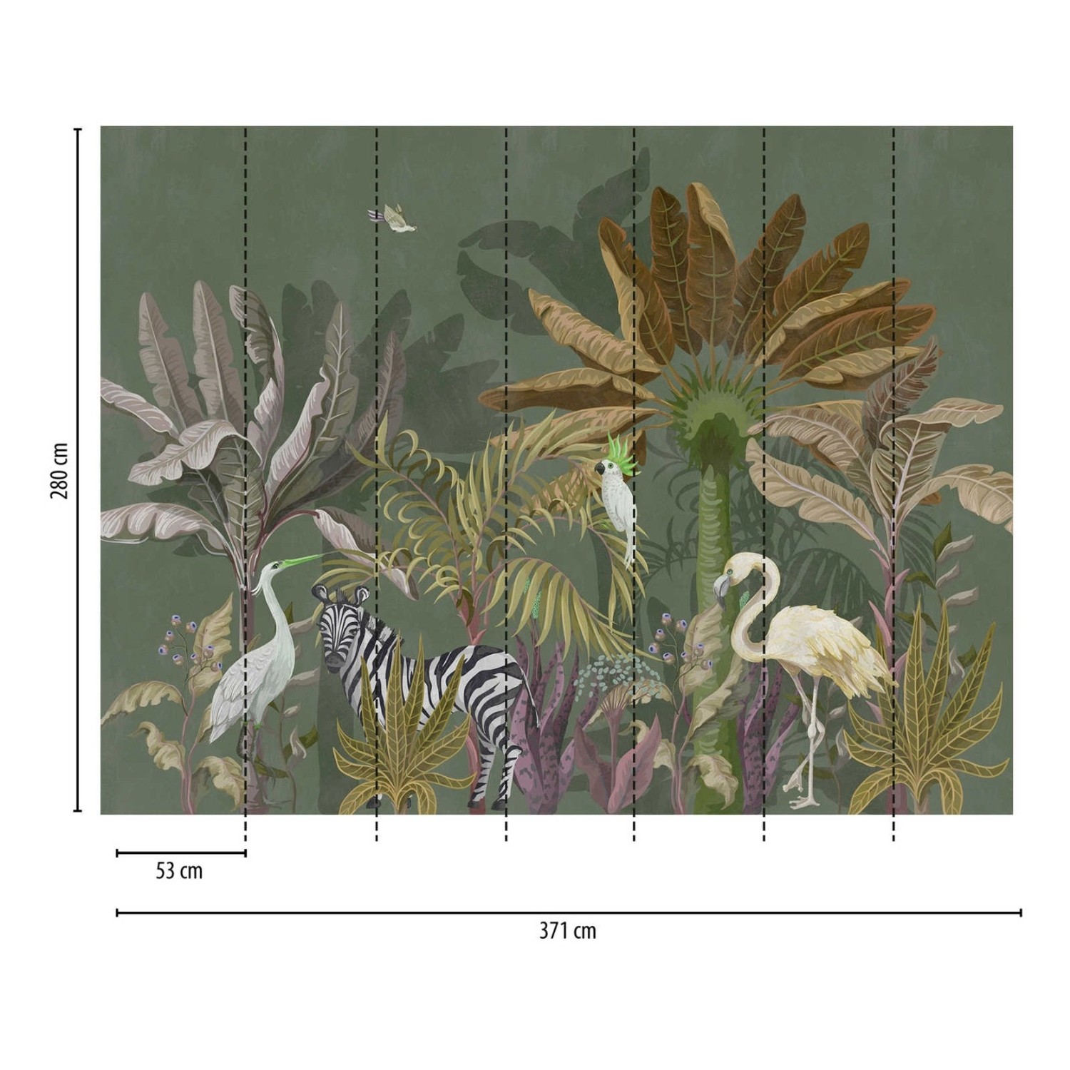 Dunkelgrüne Dschungel Tapete mit Flamingo, Kakadu, Zebra und Kranich. Regenwald Fototapete für Wohnzimmer.