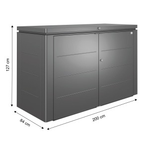 Biohort HighBoard 200 Gartenbox, dunkelgrau-metallic, mit Flügeltüren und den Maßen 127x200x84 cm.