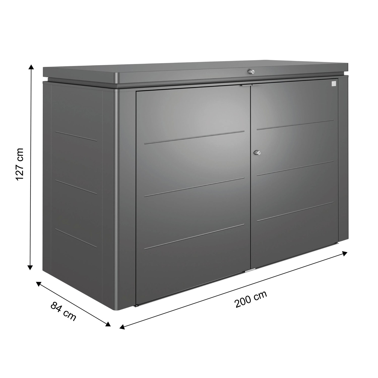 Biohort HighBoard 200 Gartenbox, dunkelgrau-metallic, mit Flügeltüren und den Maßen 127x200x84 cm.