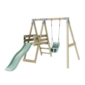 PolarPlay Schaukel Rotfuchs mit Rutsche, mintgrüne Babyschaukel und Holzgestell für Spiel & Spaß im Garten.