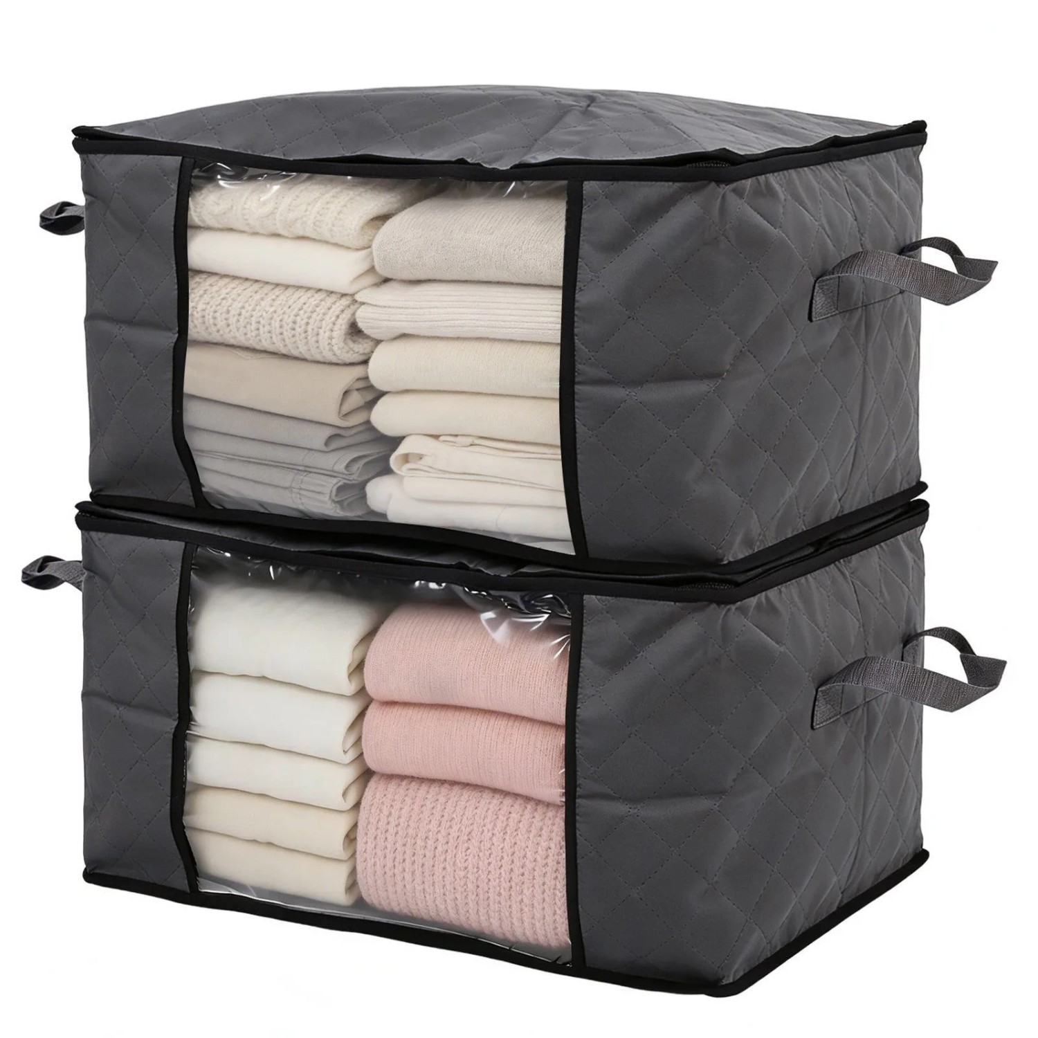 Sekey Aufbewahrungstasche Faltbar Aufbewahrungsbox mit Deckel für Bettdecken 2-tlg Kleiderschrank Organizer Reißverschluss Griffe Kleidung Bettwäsche
