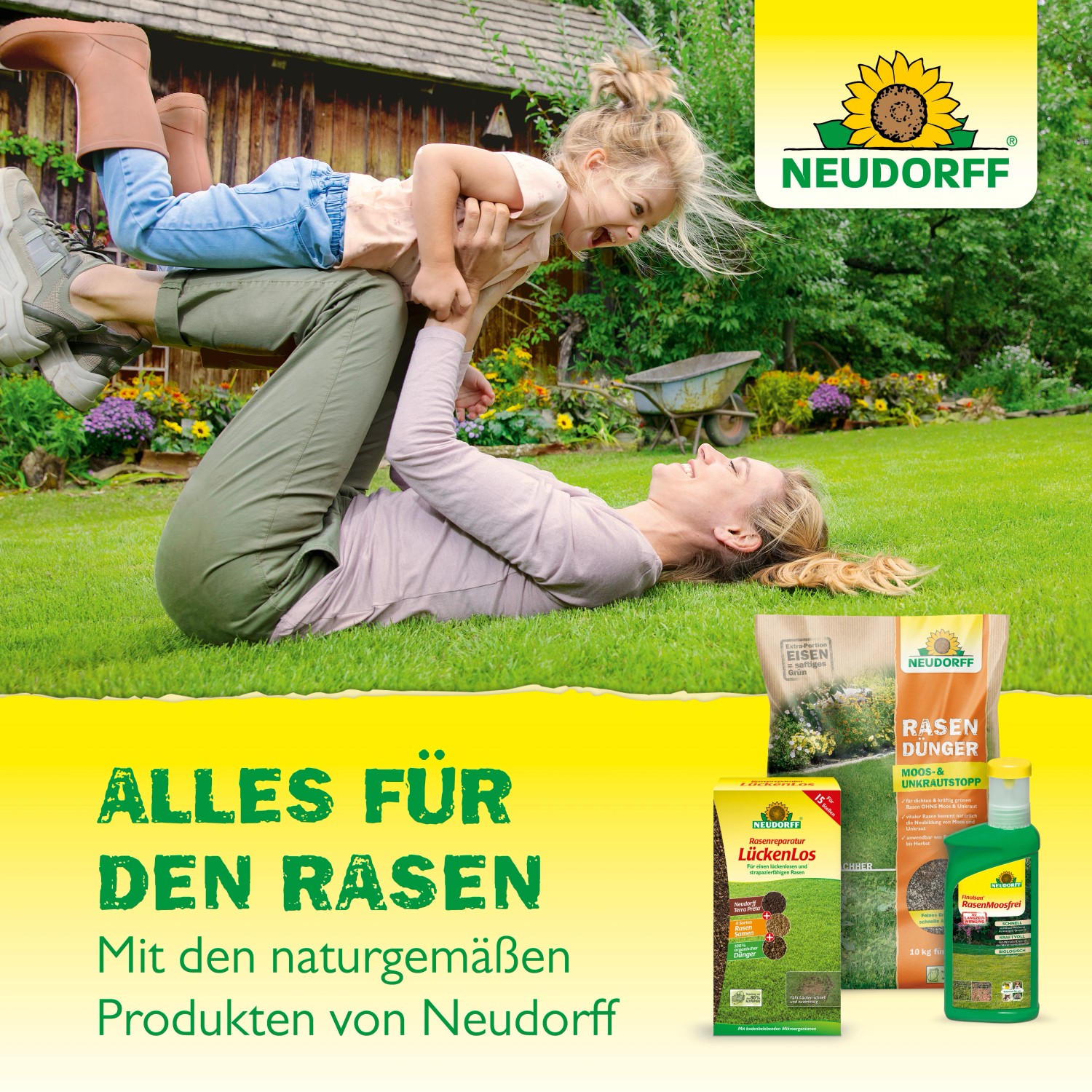 Neudorff: Mutter und Kind auf Rasen mit Herbst-Rasendünger und Rasenpflegeprodukten.
