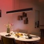 Schwarze Philips Hue Ensis LED-Pendelleuchte über Esstisch mit Speisen und Getränken.