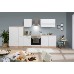 Respekta Küchenzeile KB300ESWC in Weiß und Eiche Sägerau Nachbildung mit E-Geräten.