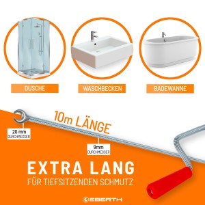 EBERTH Rohrreinigungsspirale, 10m lang, 9mm Durchmesser, mit Anwendungsbeispielen.