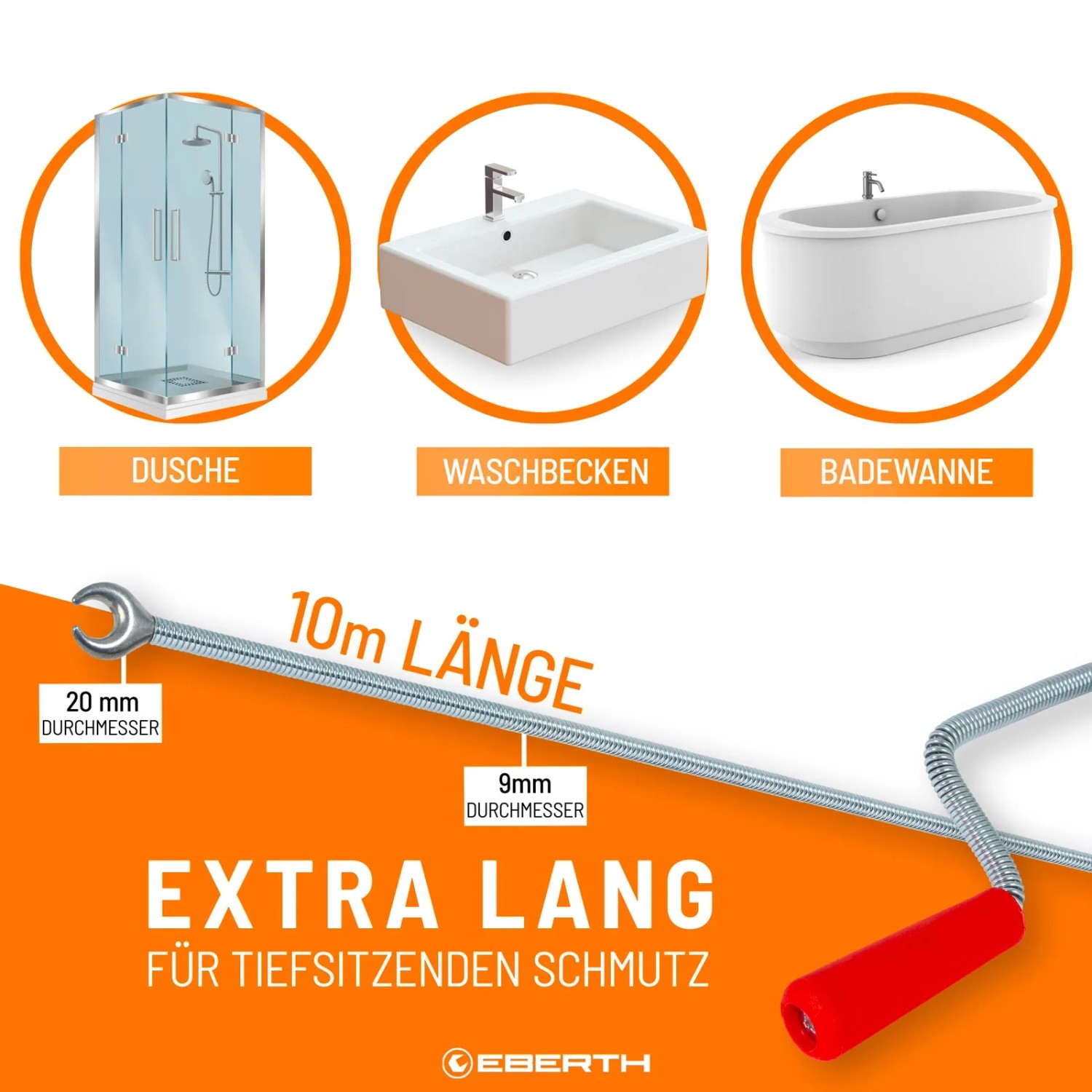 EBERTH Rohrreinigungsspirale, 10m lang, 9mm Durchmesser, mit Anwendungsbeispielen.
