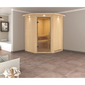 Karibu Sauna Lyra mit Glastür, Bio-Ofen und LED-Dachkranz im Raum.