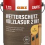 Dunkelbraune OBI Wetterschutz Holzlasur 2in1 Nussbaum, 5 Liter Gebinde.