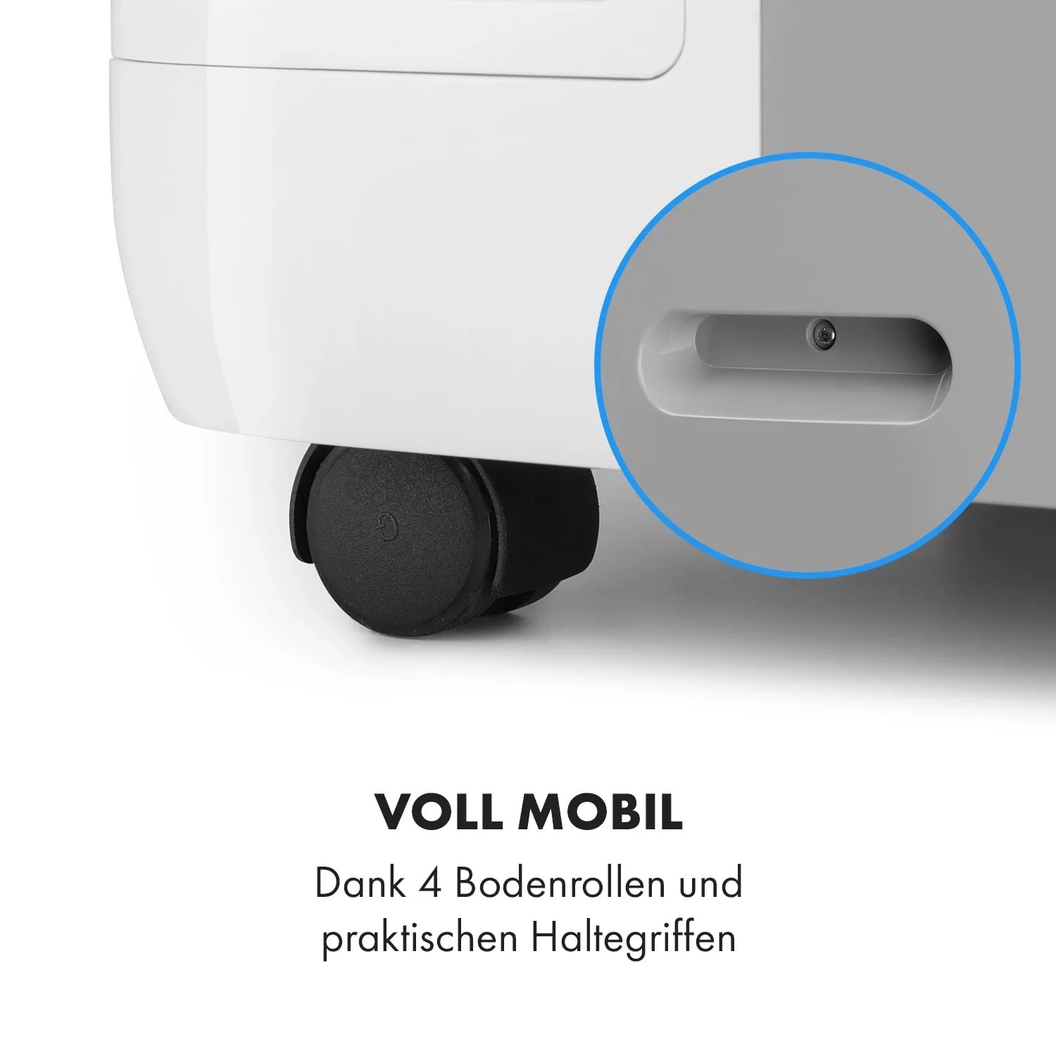 Detailaufnahme: Klarstein Klimaanlage Grandbreeze Eco mit Rollen und Griff für einfachen Transport.