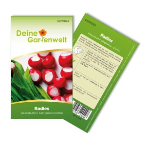 Deine Gartenwelt Radieschen Riesenbutter Samenpackung mit roten Radieschen und grünen Blättern.