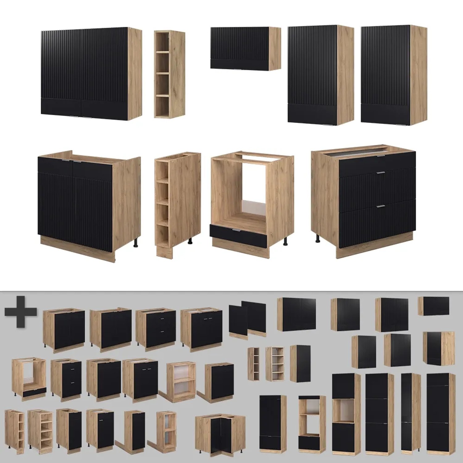Vicco Fame-Line Küchenzeile 235cm, schwarz gestreift/Eiche, AP Marmor, verschiedene Module.