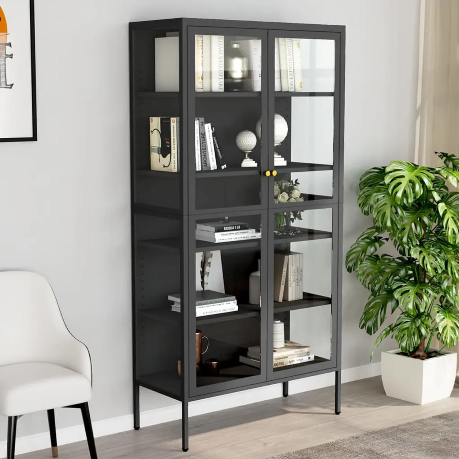 Anthrazitfarbene vidaXL Vitrine aus Stahl und Glas, 90x40x180 cm, mit verstellbaren Einlegeböden.
