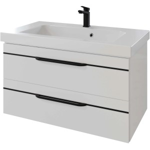 Pelipal Waschbeckenunterschrank Quantum 05, weiß hochglanz, mit zwei Schubladen und schwarzen Griffen.