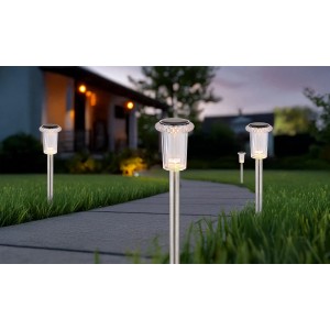 4er Set Globo LED-Solarleuchten aus Edelstahl mit Kristalleffekt für Gartenwege.