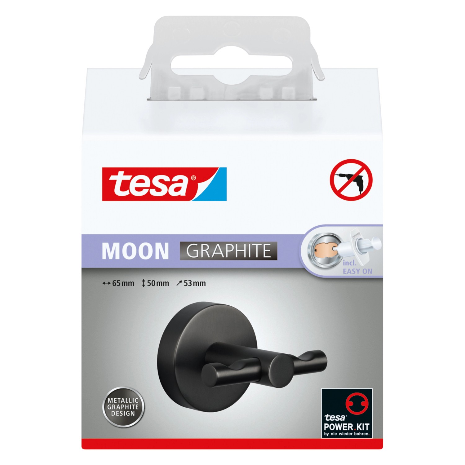 Tesa Moon Bademantelhaken, Graphit, zur Wandmontage ohne Bohren.