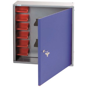 Küpper Hängeschrank 70367 mit blauer Tür, 6 Sichtboxen und 2 Einlegeböden, 600 mm breit.