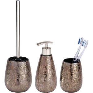 Wenko Bad-Accessoire-Set Marrakesh, 3-teilig, braun: Seifenspender, Zahnputzbecher und WC-Garnitur.