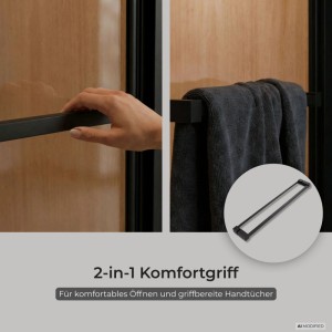 Schulte Nischendusche: Schwarzer 2-in-1 Komfortgriff als Türgriff und Handtuchhalter. Hand öffnet Schiebetür.