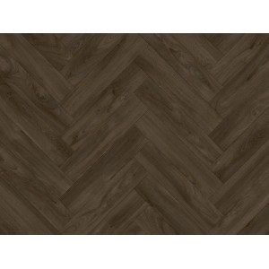 PVC-Bodenbelag Turvo Eiche Dunkel im Fischgrätmuster.