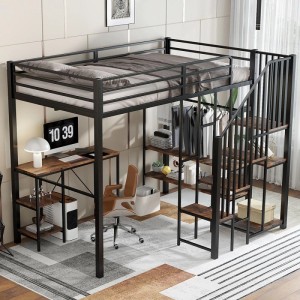 KOMHTOM Etagenbett Aus Eisen  120 x 200 Cm  Mit Eckkleiderschrank  Tisch Und Kleiderstange  Eisen + Mdf  Schwarz + Holzfarben