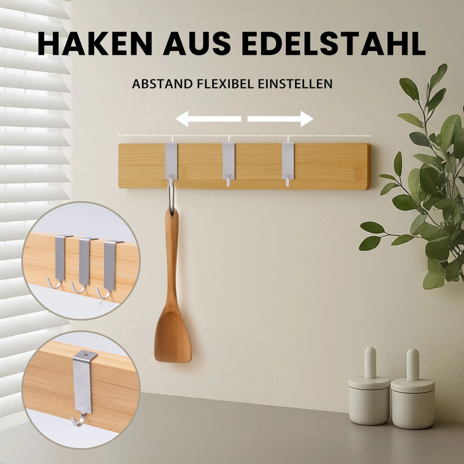 CHEFGASTRO Magnetleiste Magnetische Messerleiste Messerhalter Aus Bambus 6,2x40x2,1cm Mit 3 Silbernen Haken Bambus Extra Stark_6