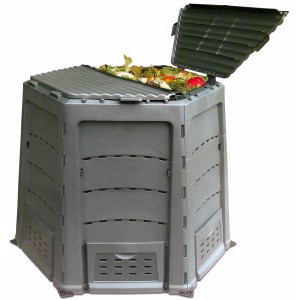 Offener, grüner Remaplan Thermoquick Express Komposter (800 l) mit Kompostmaterial.