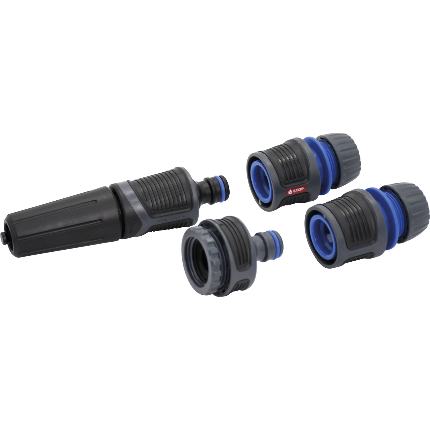LUX-TOOLS Gartenschlauch-Set, 5-teilig: Schlauchverbinder und Spritze für 13 mm (1/2) Gartenschläuche.