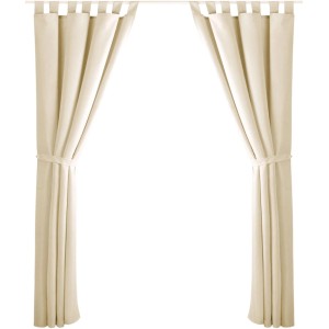 2er Set beige Dekoschals (140x175 cm) mit Schlaufen, Raffhaltern und Haken für Fenstervorhänge.