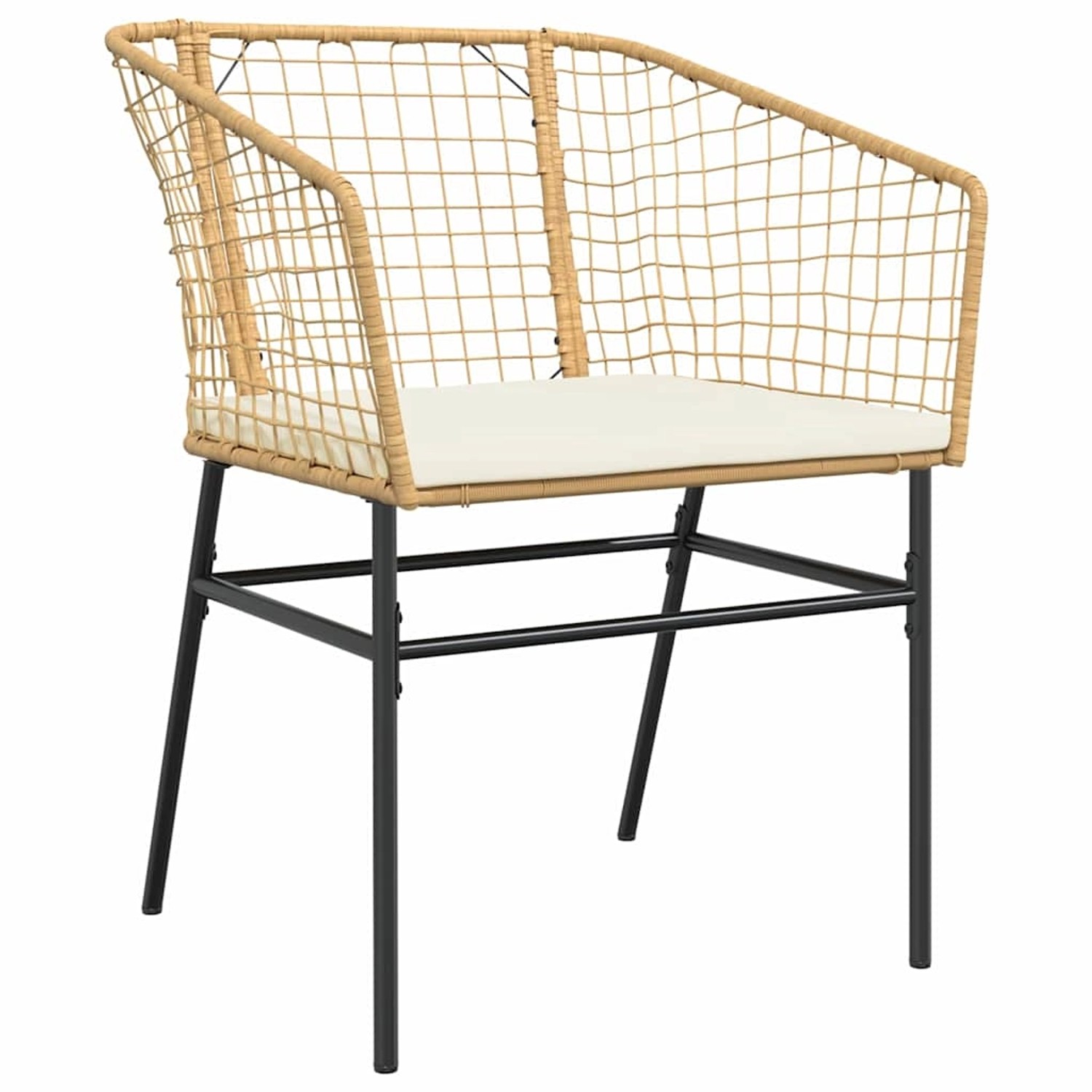 Brauner vidaXL Gartenstuhl aus Polyrattan mit schwarzen Metallbeinen und Sitzkissen.